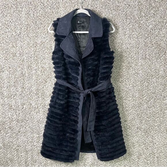 Love Token Vest Women’s Small Dark Blue 100% Rabbit Fur & Suede Waist Tie Long - Picture 1 of 7